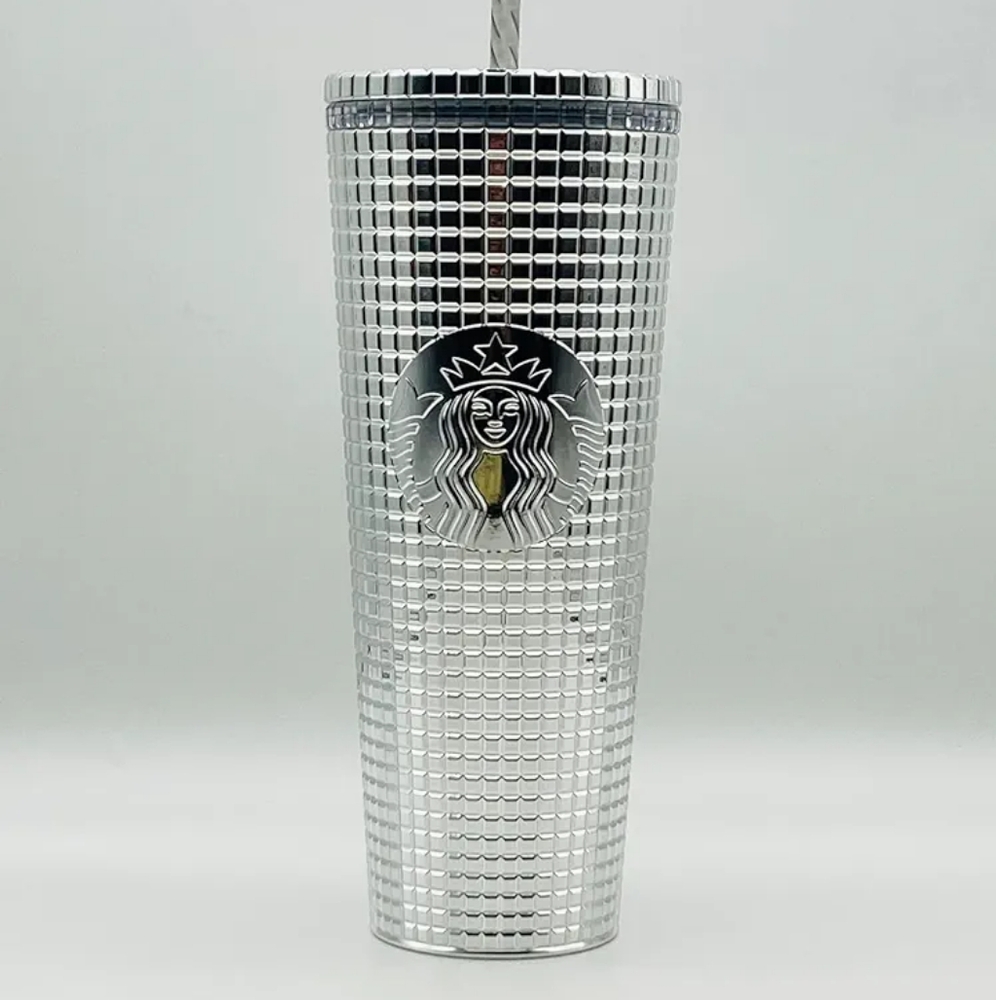 Starbucks 2023 Holiday Silver Chrome Grid Tumbler 24oz